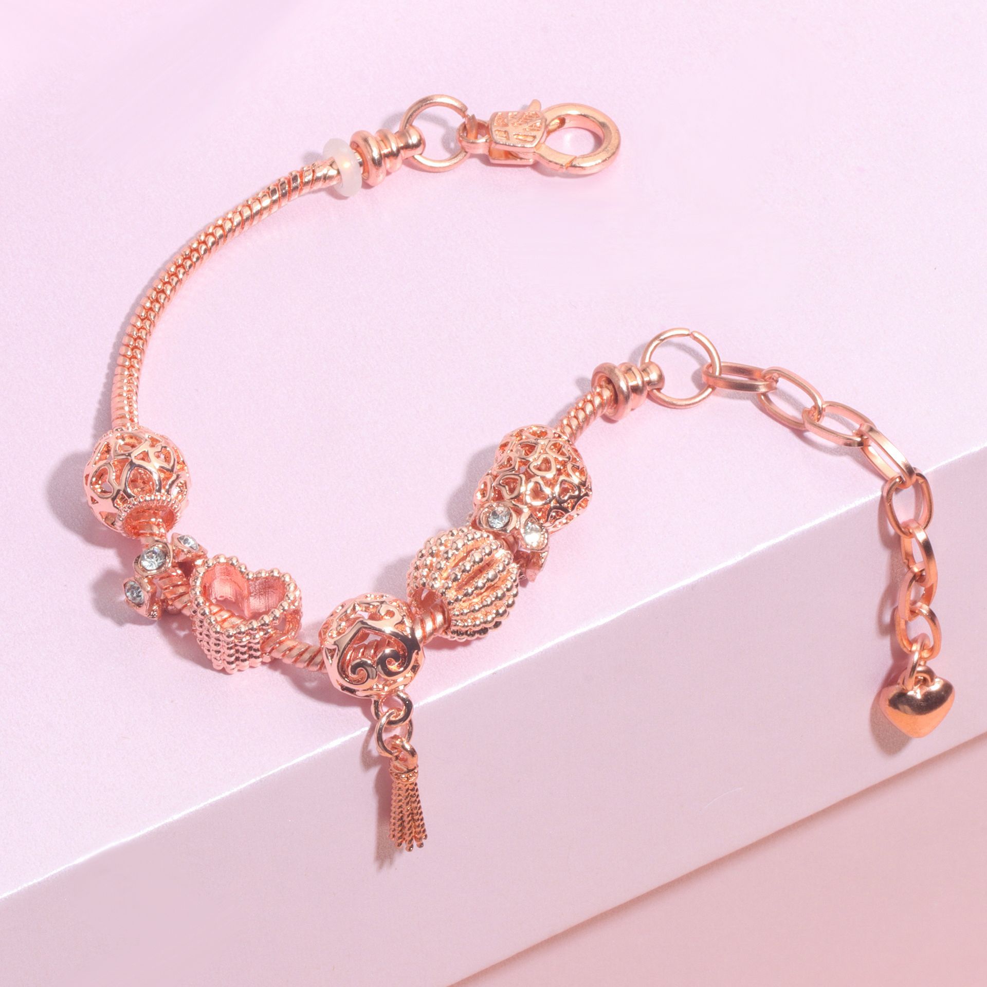 Rose Gold Hollow Carved Heart Bead Tassel Bracelet(16cm) โ image 5