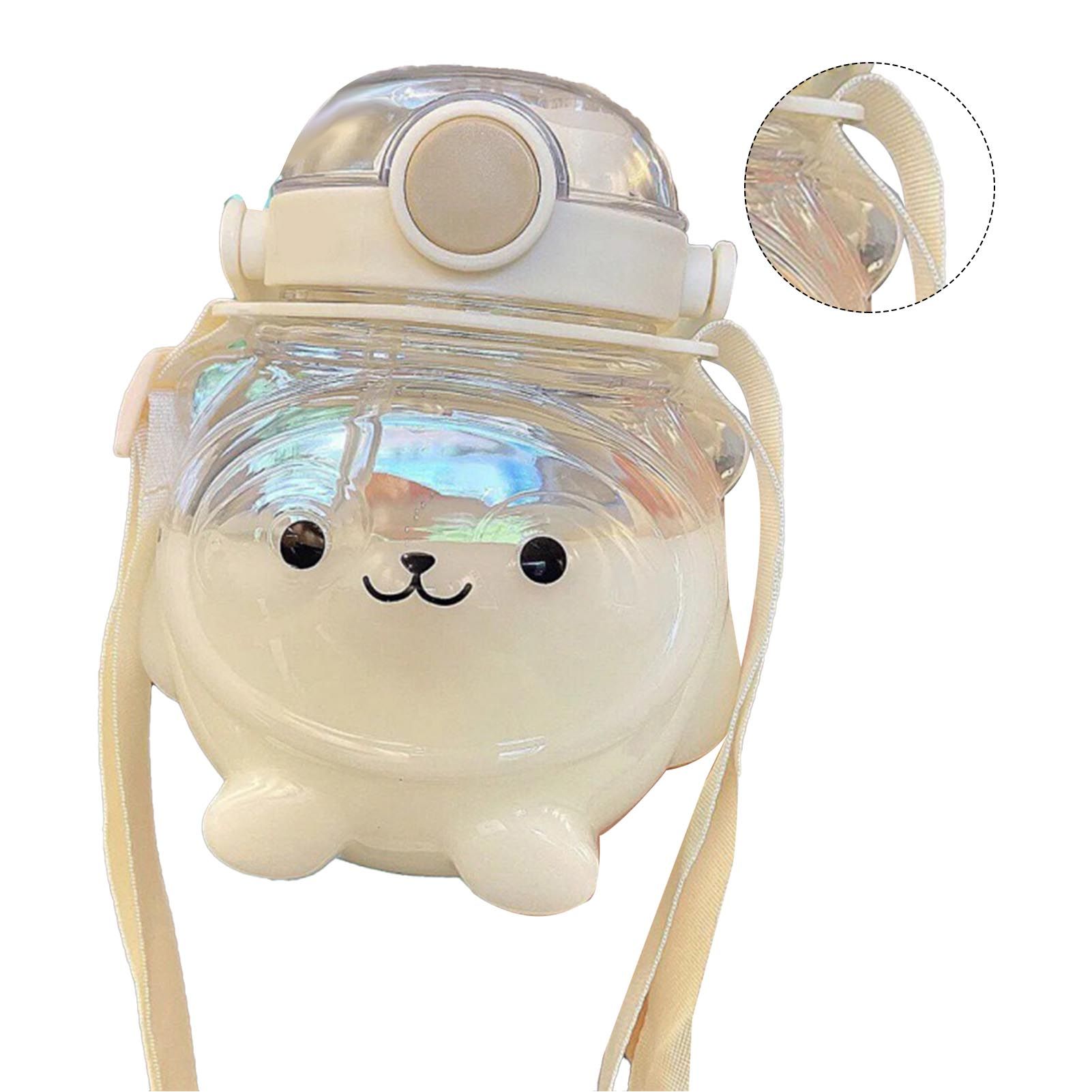 Large Water Bottle 1000ml Cartoon Bear Shape Portable Drinking Bottle with Straw Strap for Summer White — image 2