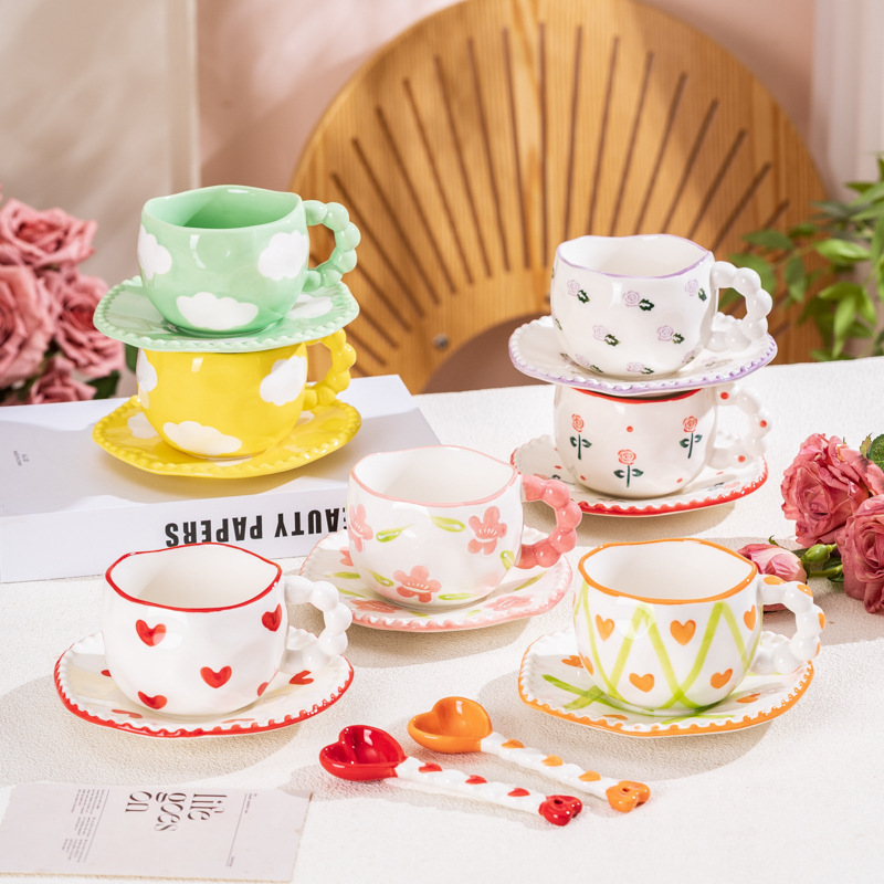 Hand-Painted Ceramic Coffee Mug and Saucer Set - Whimsical Afternoon Tea Cup with Spoon(White cloud-yellow) — image 3