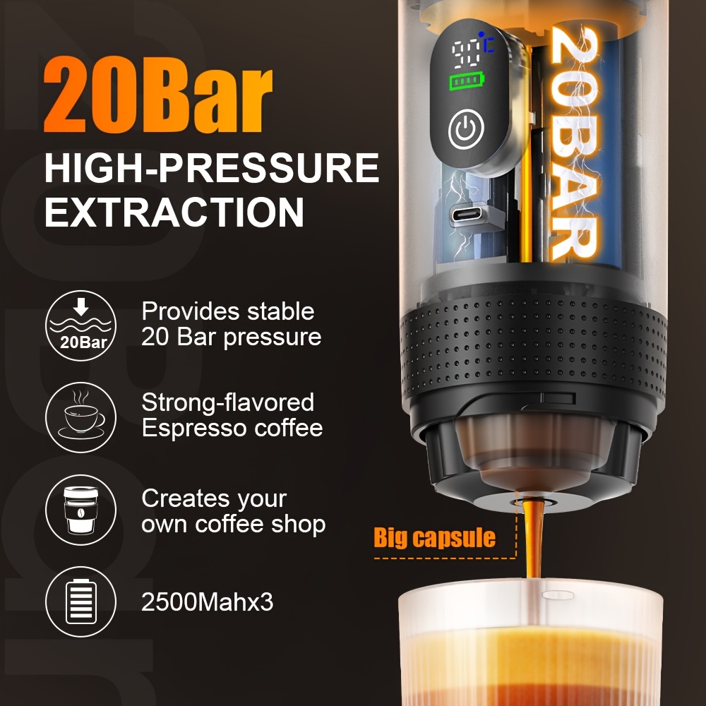 Portable 20Bar High - Pressure Extraction Coffee Machine, 80ml Stainless Steel Water Tank + Foldable Stand, Low - Battery Alert & Real - Time Temperature — image 5
