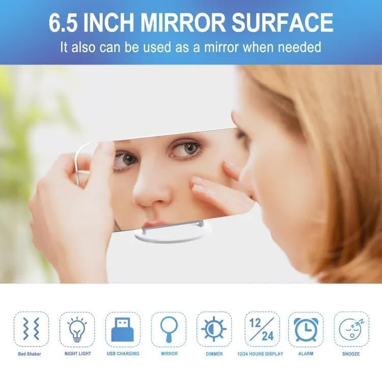 LED Alarm Clock with Bed Shaker for Heavy Sleepers, Digital Mirror Display, Compatible with Philips, Black — image 3
