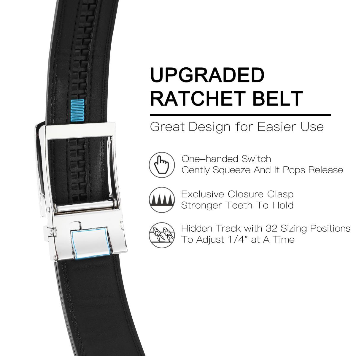 Ratchet Belt for Men Genuine Leather - Micro-Adjust Buckle Trim to Fit Dress Belt Casual to Formal Gift Boxed - Basic Silver - Black - Size 24"-28" Waist — image 6