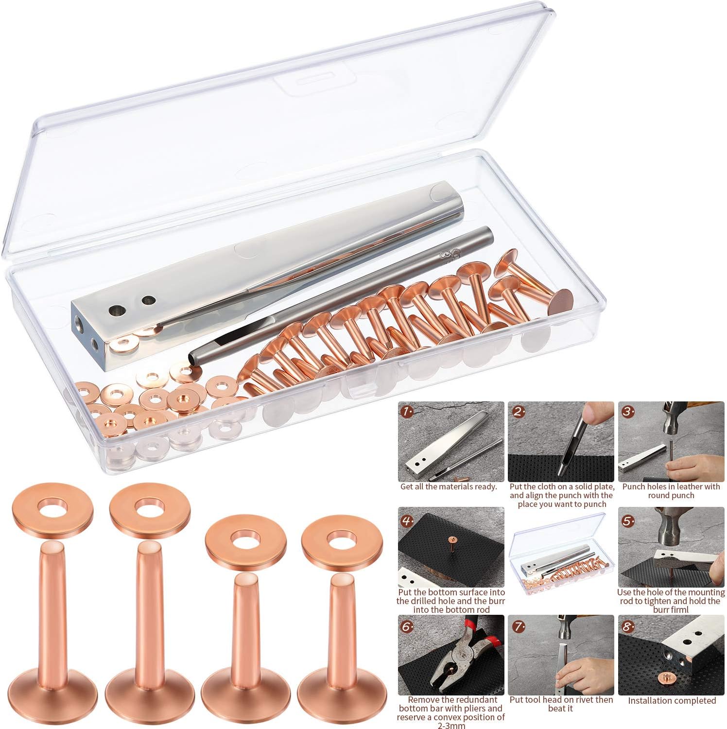 50 Pcs Copper Rivet and Burr 9 and #12 Copper Leather Brass Rivets Fastener Install Setting Tool with Hole Punch Cutter Kit for Belts Wallets Collars Leather