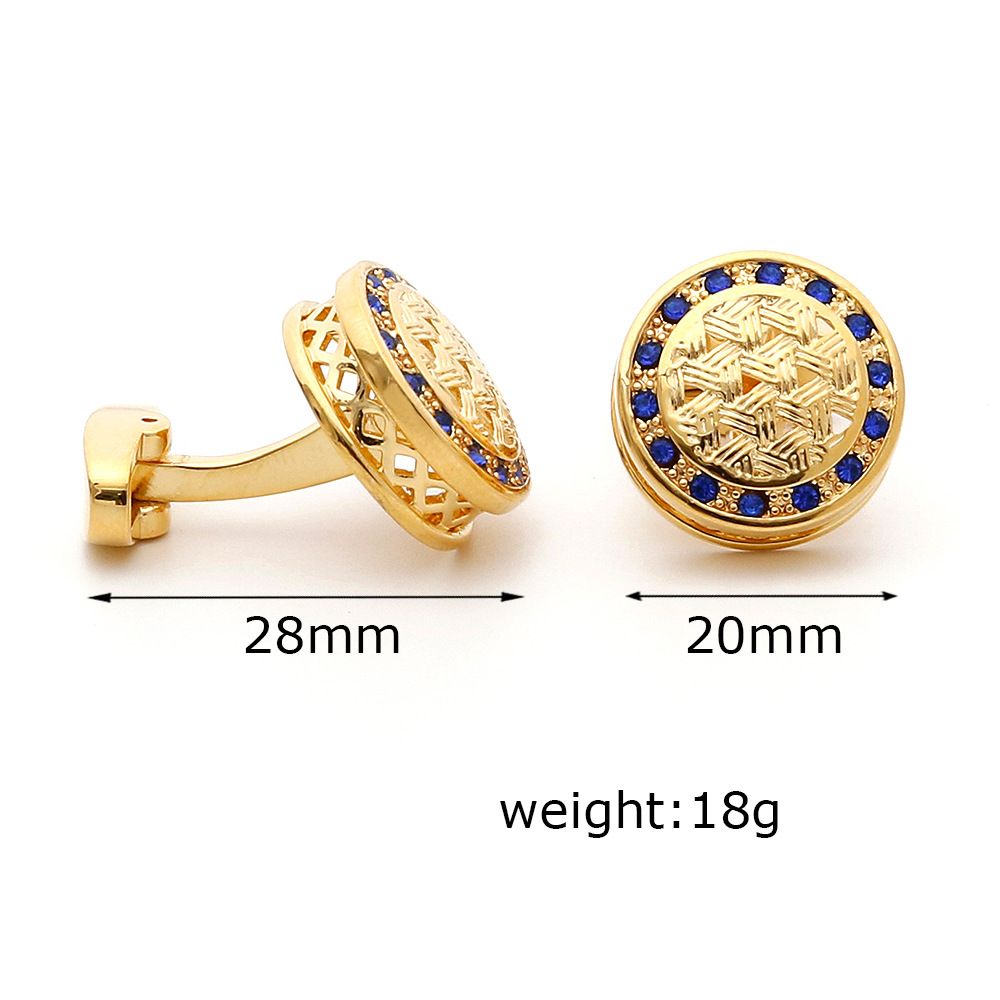 Gold Men'S Cuff Links, Copper Cufflinks Round Blue Cubic Zirconia Men'S Cuff Links Tuxedo Shirts Business Wedding Gift — image 3