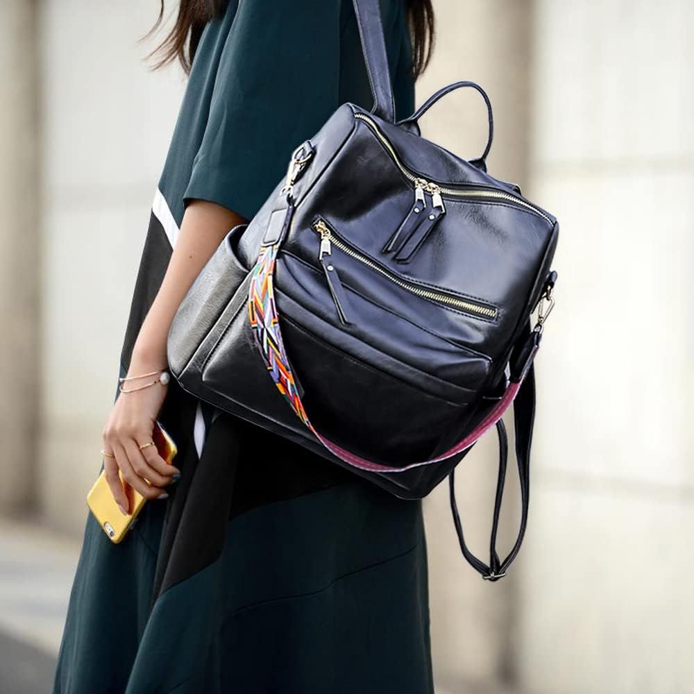 Women Backpack Purse, PU Leather Casual Fashion Shoulder Bag Convertible Detachable Colorful Strap 3 Ways to Carry Black