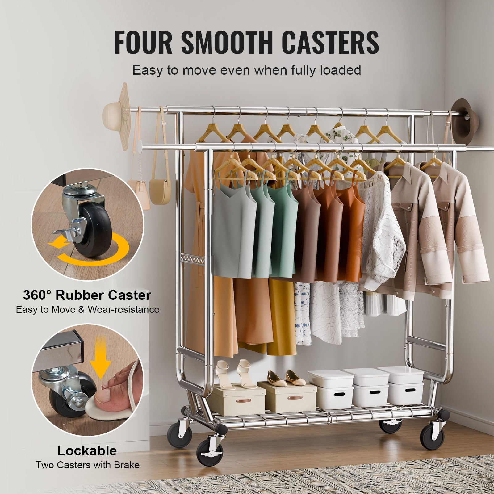 Heavy Duty Clothes Rack, Double Hanging Rod Clothing Garment Rack for Hanging Clothes, Adjustable Height and Extendable Length Clothing Rack with Bottom — image 5