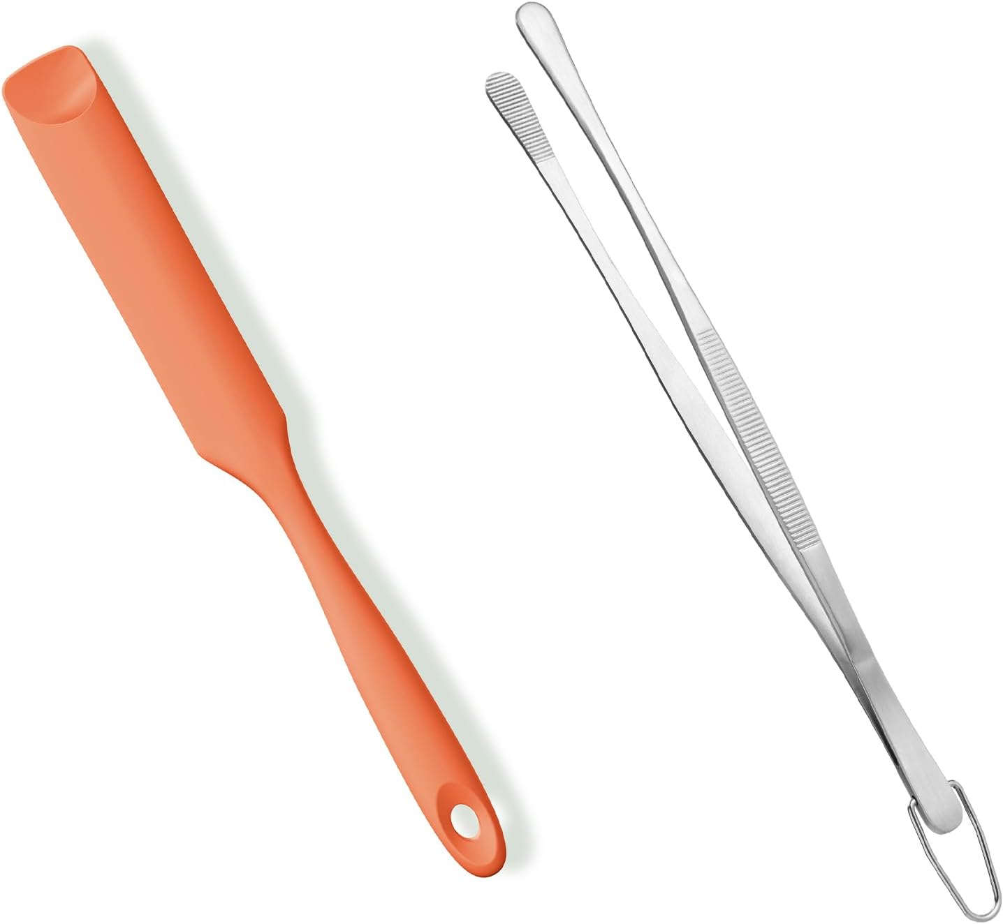 600ΒΊF Heat-Resistant Food-Grade 10in Skinny Silicone Jar Spatula with Spoon Tip (Orange) and 10in Kitchen Cooking Tweezer: 18/8 Stainless Steel Food-Grade
