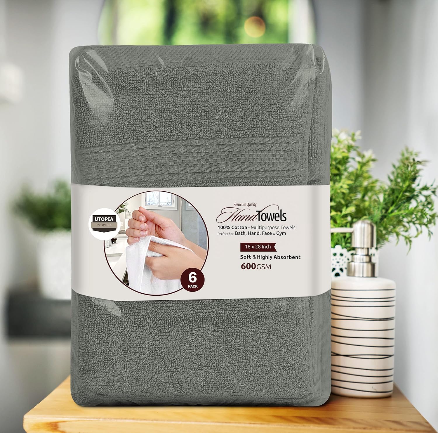 6 Pack Premium Hand Towels, 16 by 28 inches, 100% Ring Spun Cotton, Soft and Absorbent 600 GSM Towels for Bathroom, Gym, and Hotel, Grey โ image 3
