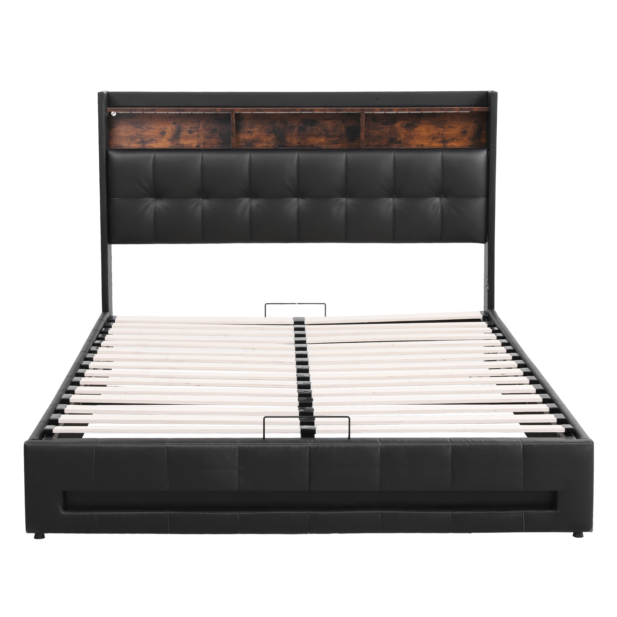Artiss Queen Bed Frame with Gas Lift Storage LED Lights Charging Station Headboard with Open Shelf โ image 3