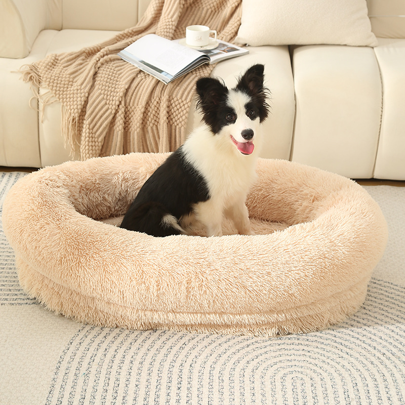 Fluffy Donut-Shaped Pet Bed- Soft, Cozy, and Anti-Anxiety for Dogs and Cats, Machine Washable Light Brown Size:M 75 × 55 × 18cm