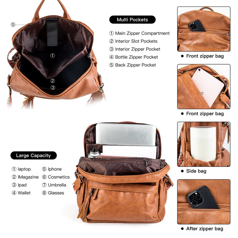 Coffee Fashionable Large-Capacity Women's Backpack - Waterproof, Durable, High-Quality PU Leather - Travel Backpack - Vintage-Style PU Leather Backpack — image 4