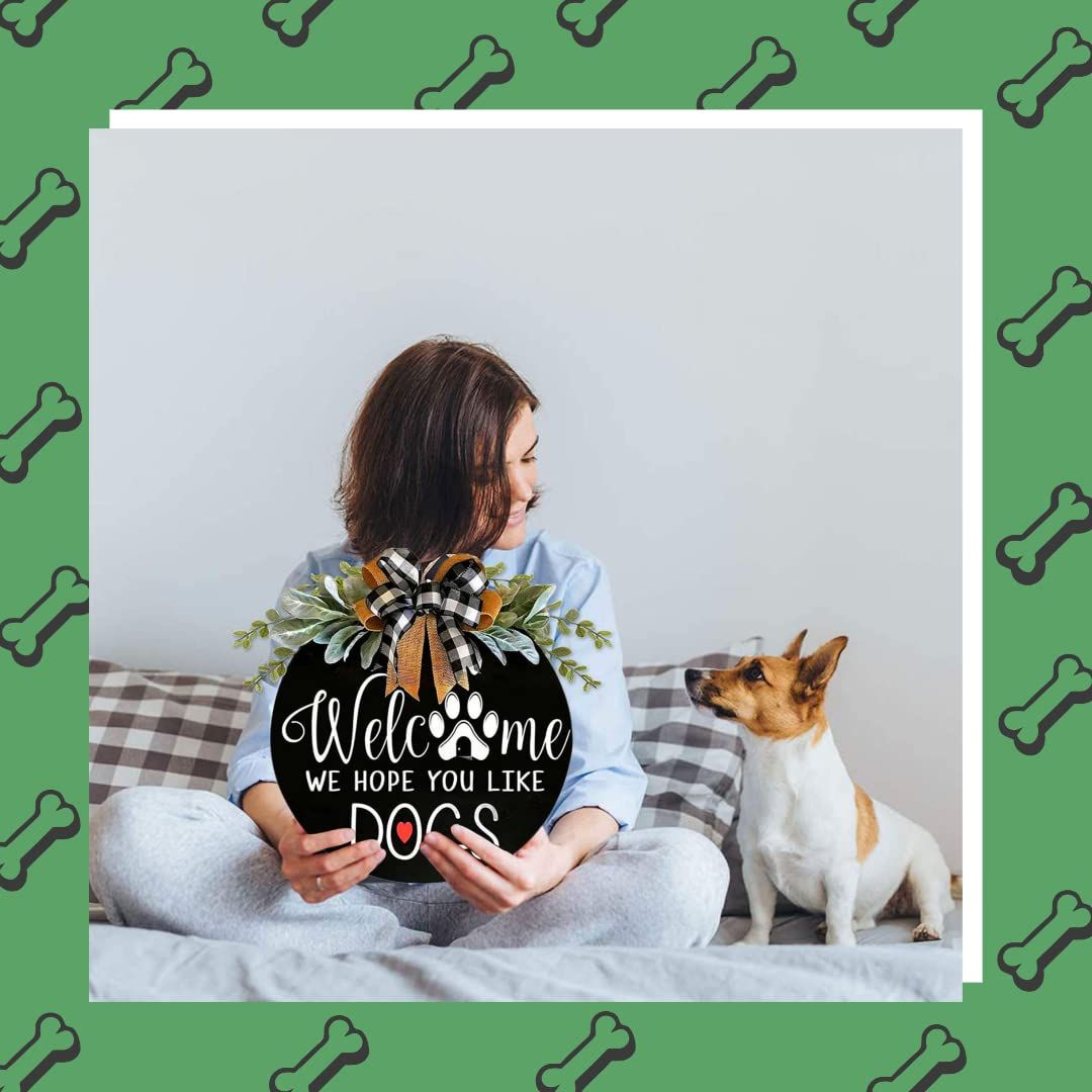 Welcome Wreath Sign for Farmhouse Front Porch Decor - We Hope You Like Dogs - Door Hanging with Premium Greenery - (12IN Dog) — image 5