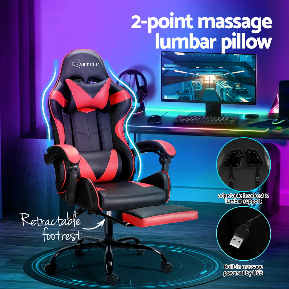 Artiss 2 Point Massage Gaming Office Chair Footrest Red โ image 4