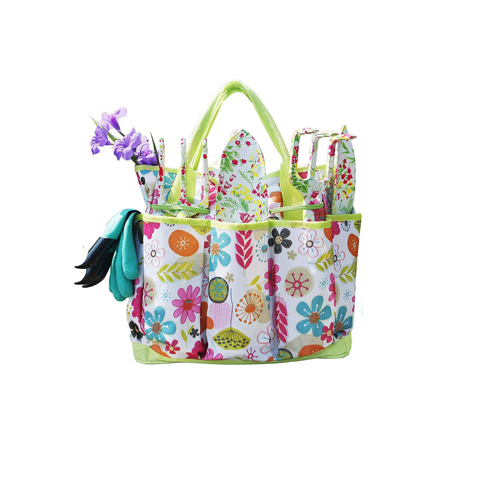 Green 9-Piece Floral Garden Tool Set for Women – Complete Gardening Kit with Tote Bag, Pruners, and Gloves — image 5
