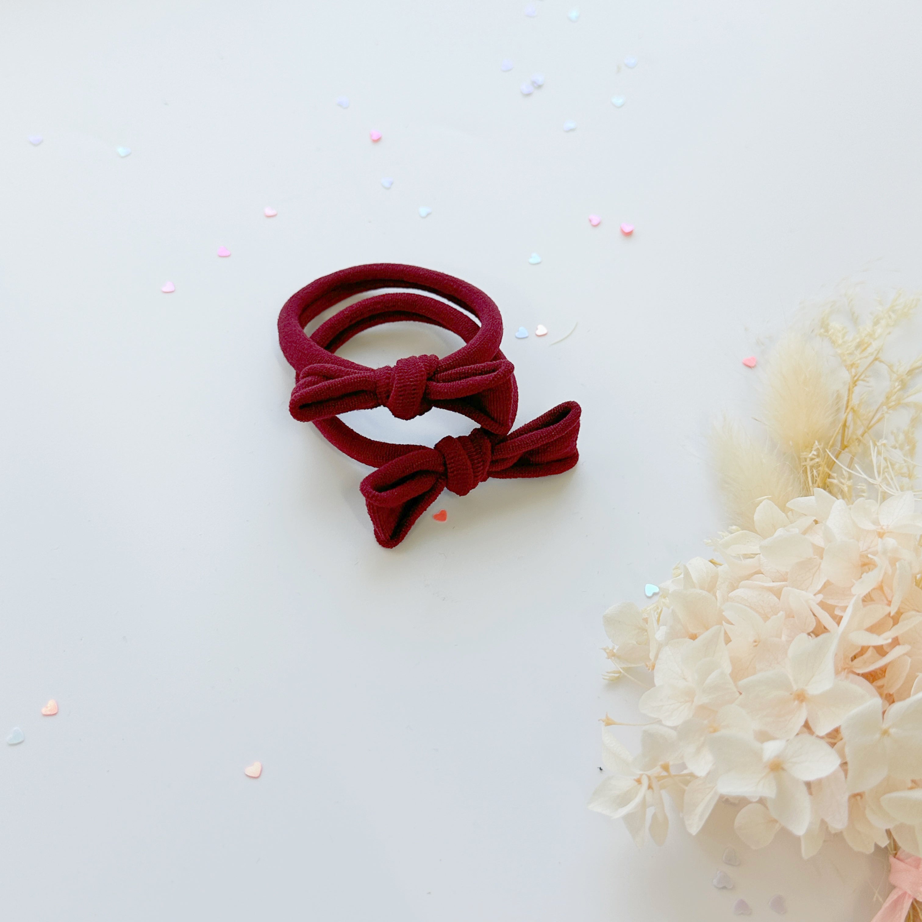 Handmade Simple Bow metal free hair ties -Mustard - 1 Pairs - Maroon โ image 6