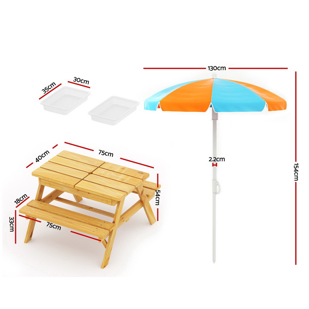 Keezi Kids Outdoor Table and Chairs Picnic Bench Umbrella Set Water Sand Pit Box — image 2