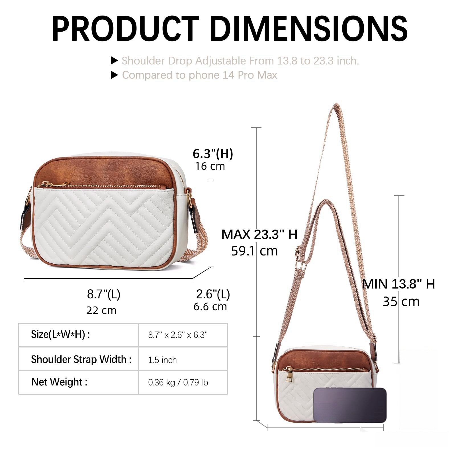 Double Zipper Black White Brown Chic Quilted Crossbody Bag - Vintage PU Leather Shoulder Purse with Adjustable Strap — image 5