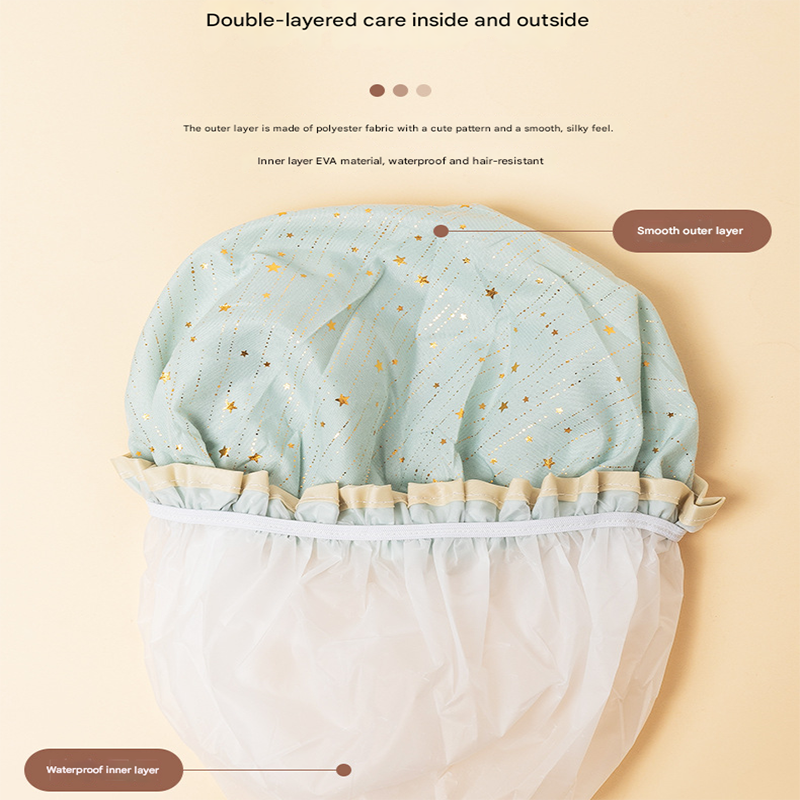 3 Pack Green Double Layer Shower Cap for Women Waterproof Bath Hair Cover Reusable Elastic Hat for Spa Salon and Home Use — image 2
