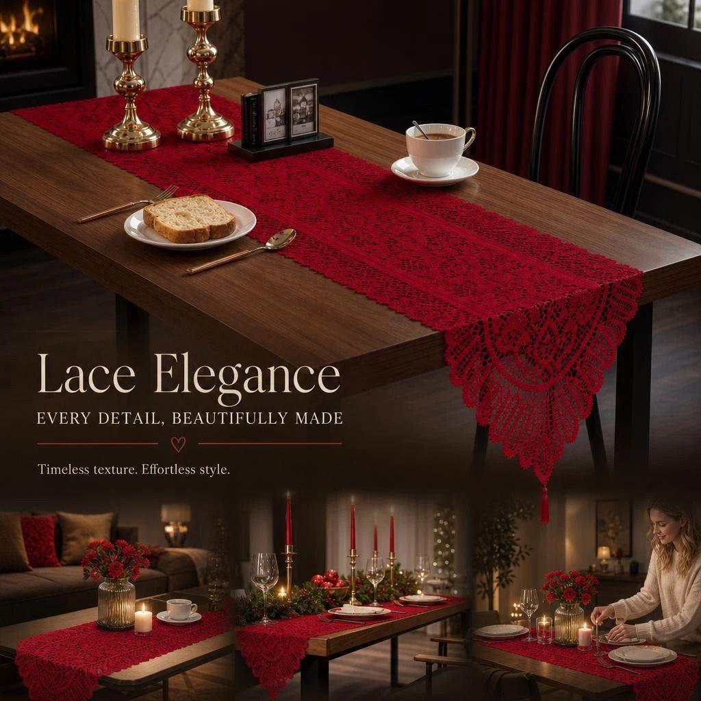 Lace Tassel Table Runner 33x91cm, Red, Festive Table Decor For Holiday Gatherings
