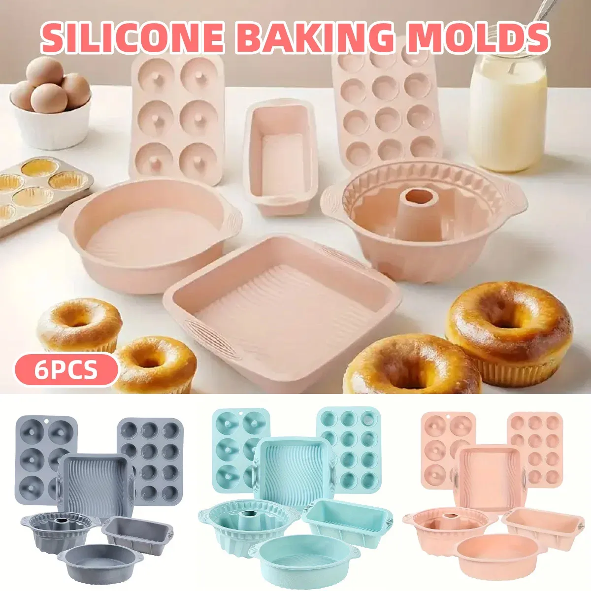 6PCS Silicone Cake Mould Set Baking Pans Nonstick Cupcake Cookie Tools Reusable - Pink — image 2
