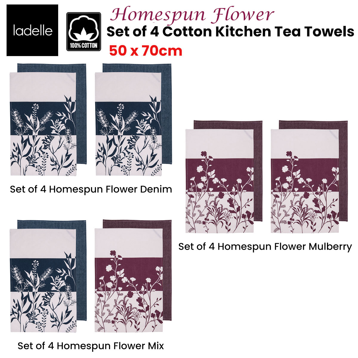 Ladelle Set of 4 Homespun Flower Cotton Kitchen Tea Towels 50 x 70 cm Mulberry โ image 2