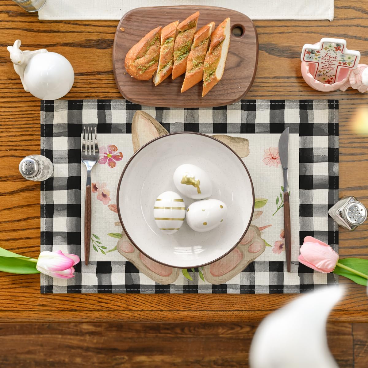 Buffalo Plaid Bunny Ear Foot Flower Easter Placemats Set of 4, 12 × 18 Inch Seasonal Spring Table Mats for Party Kitchen Dining Decoration — image 2