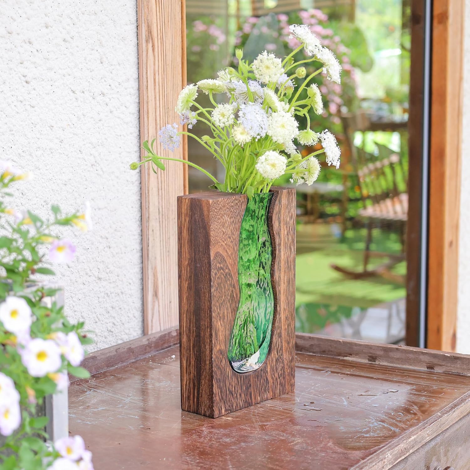 Vase with inlaid wood and glass - Rustic style wood and glass vase - Solid wood and glass vase - Vase for home decor - Table decoration (9.45 inches) — image 2