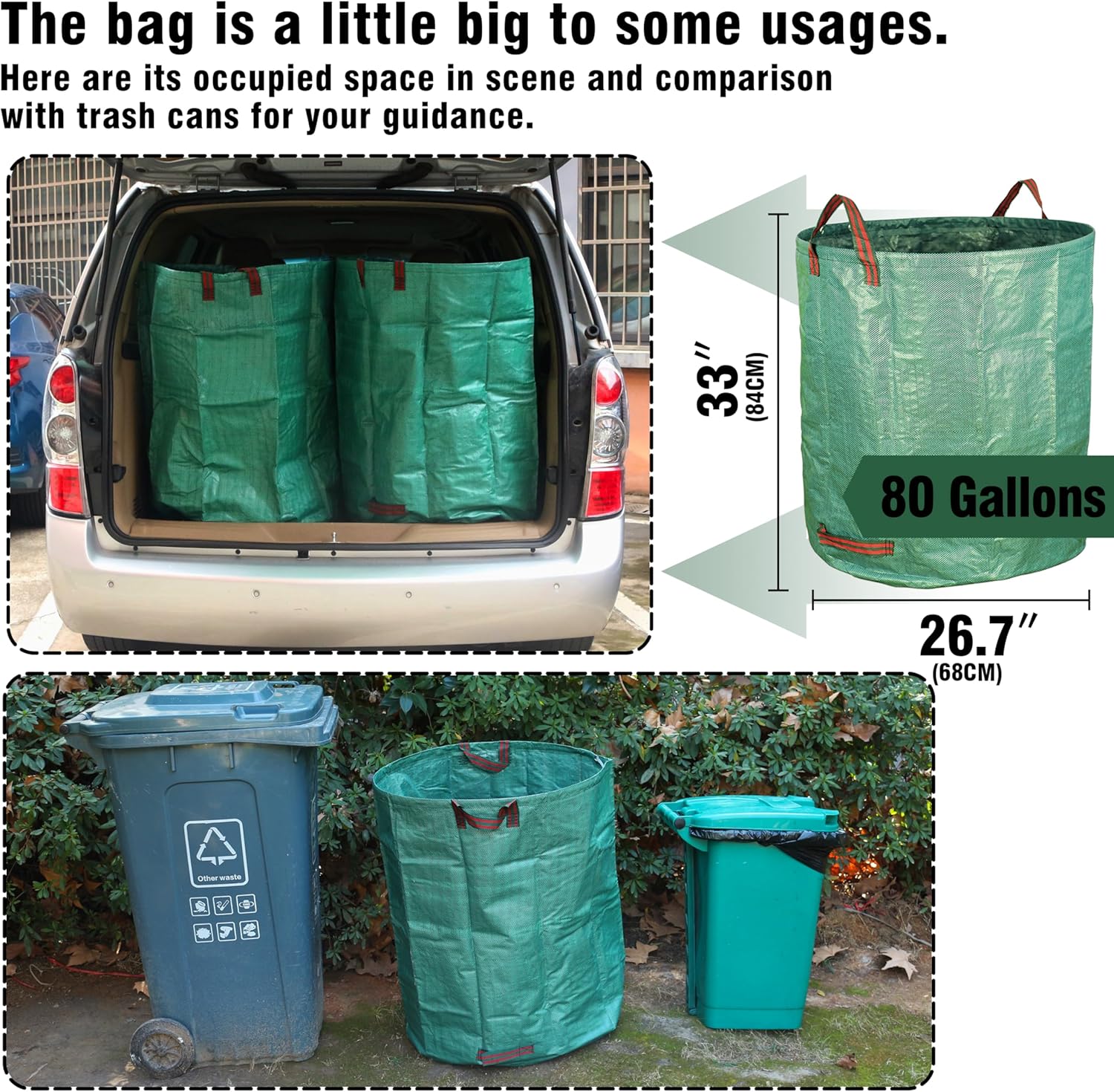 3-Pack 80 Gallon Yard Waste Bags, Reusable Heavy Duty Collapsible Garden Leaf Bags with Plastic Ring, Stand-Up Yard Waste Bin for Leaves, Lawn Debris & Grass โ image 2