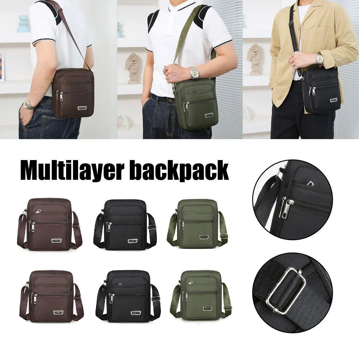 Mens Crossbody Shoulder Bag Travel Messenger Bag Casual Handbag for Boys and Men - Brown-4 zippers — image 2