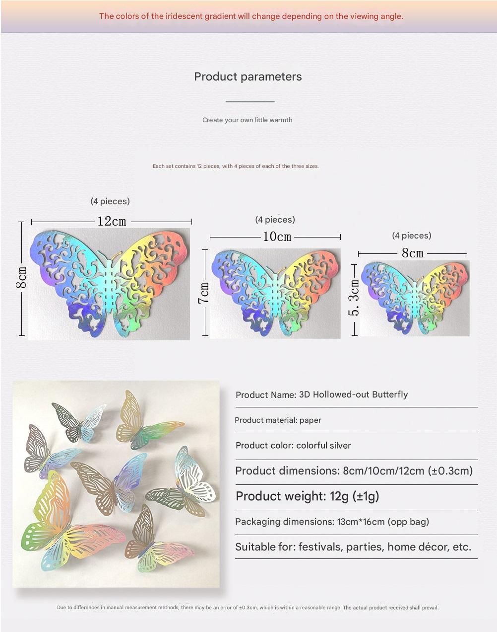 3D Butterfly Wall Stickers - Iridescent Silver Paper - 72pcs Set, Hollow Cut Design, Removable Decor for Home, Party, Wedding,Easy Peel and Stick-Style B — image 3