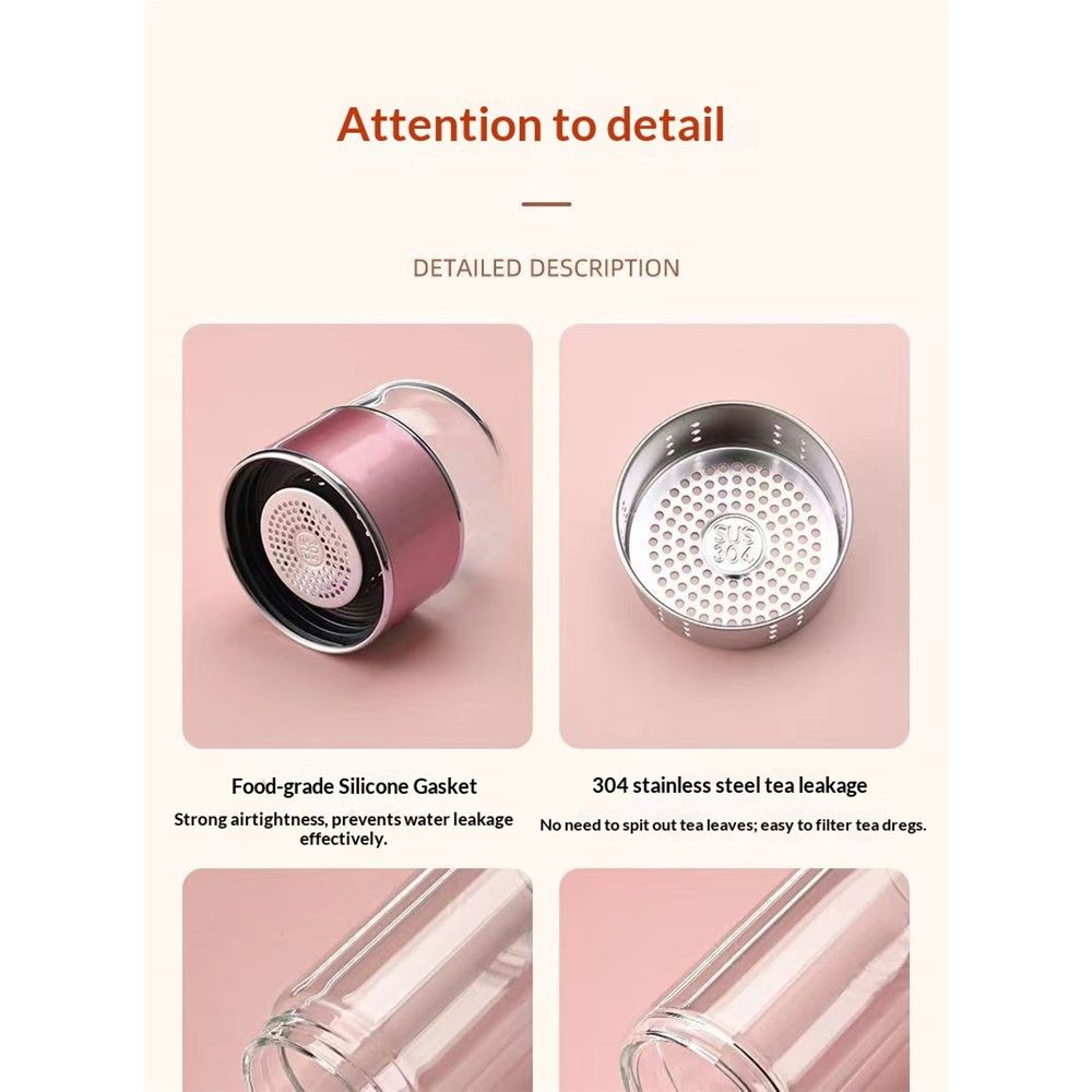 Tea InfuserBottle, 500ml Double Layer Leakage Proof Glass Water Bottle Travel Water Separation Tea Bottle Mug Cup for Office Travel Home(rose gold) — image 5