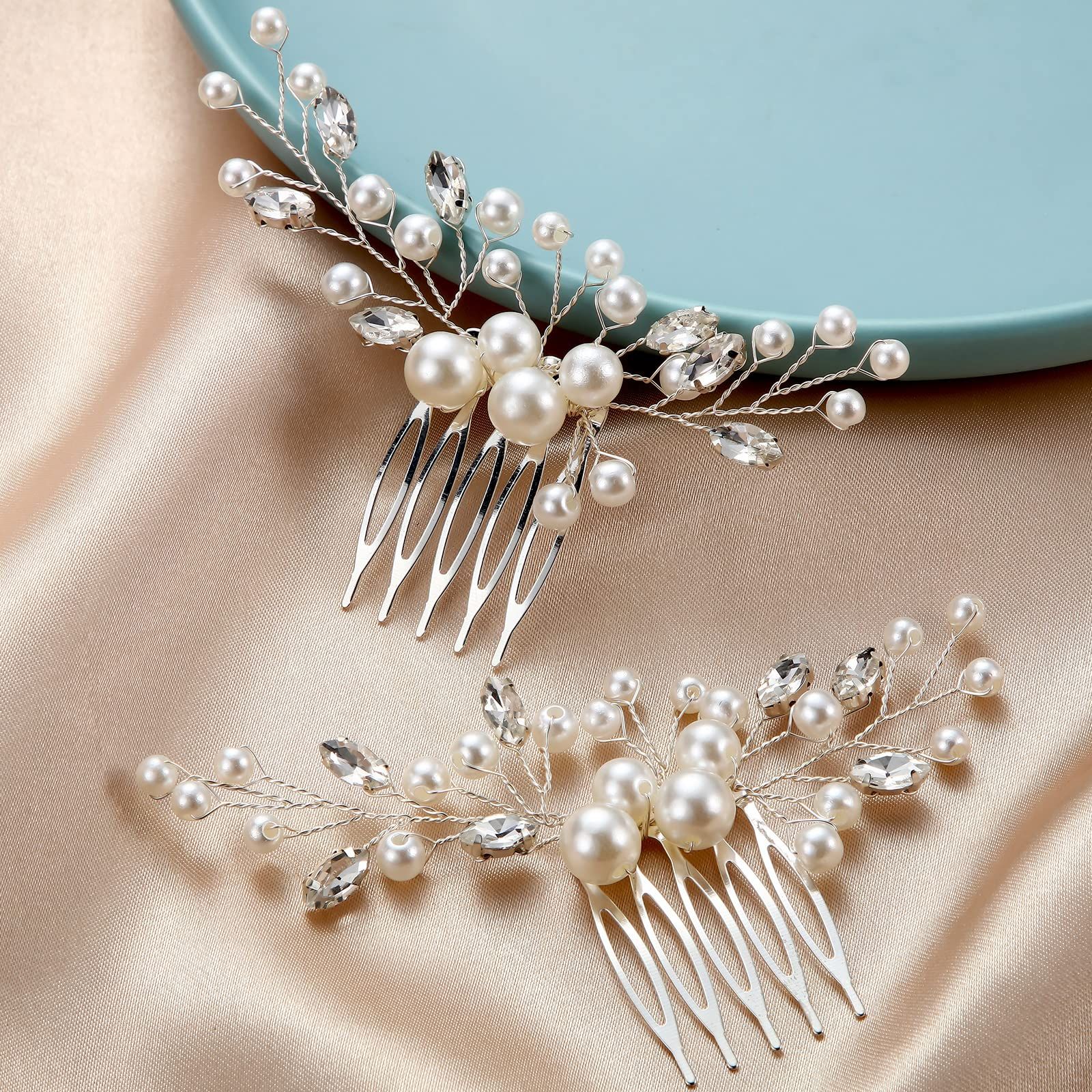 2 Pieces Wedding Pearl Hair Comb Bride Pearl Crystal Headpiece Flower Side Combs Hair Clip Bridal Hair Accessories, Silver — image 5