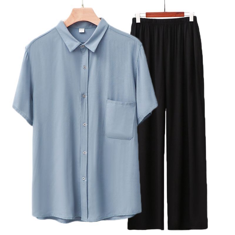 Men Rayon Short Sleeve Suit Set Summer Thin Casual Gray blue top + light blue trousers XXL โ image 4