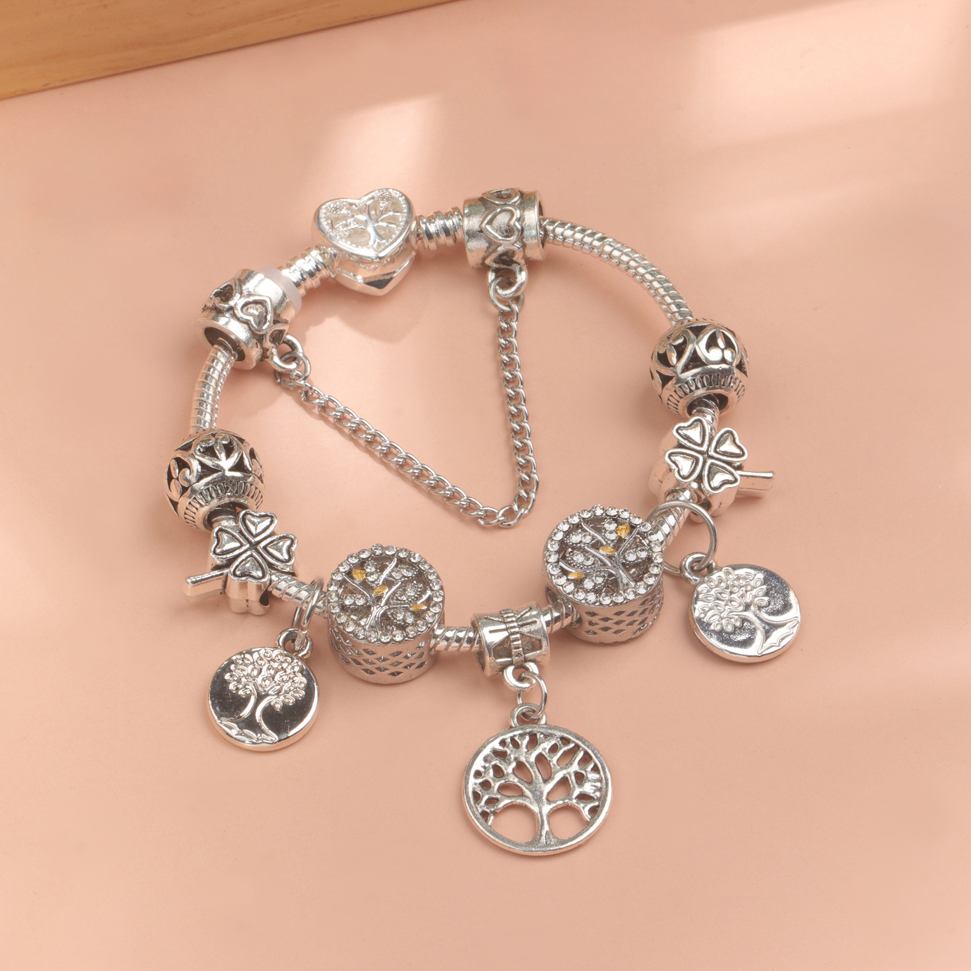 Vintage Silver Tree of Life CZ Four - Leaf Clover Charm Bead DIY Bracelet, Retro Style(17cm) โ image 4