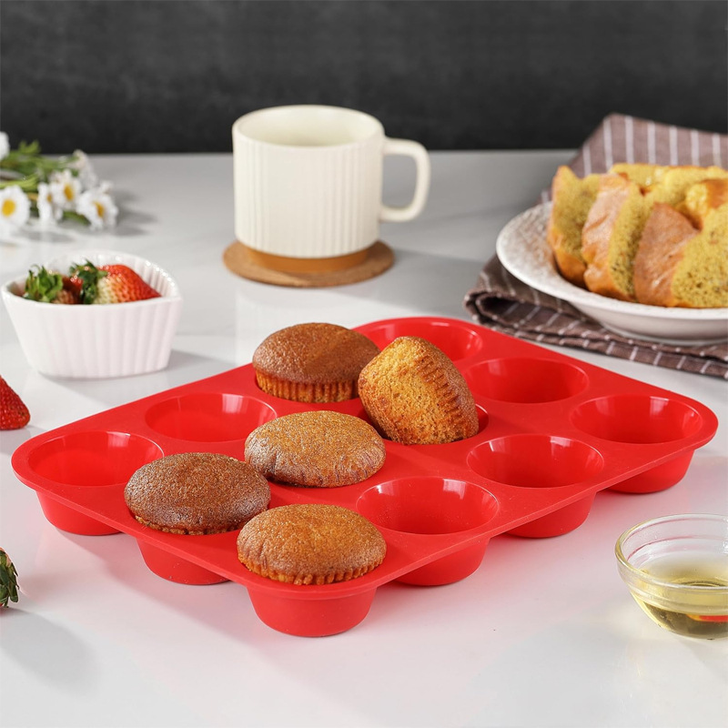 2PCS Red Food Grade Silicone Cake Mould 12 Cup Round Cupcake Pan Easy Release Non Stick Baking Trays — image 3