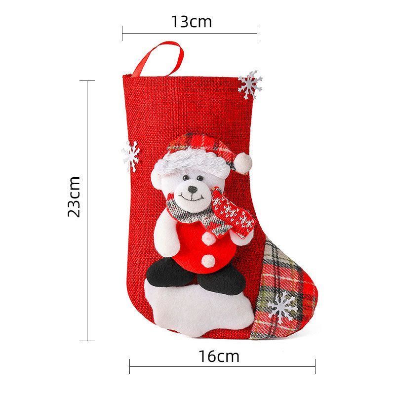 Medium Linen Bear Christmas Stocking, Rustic Christmas Tree Hanging Pouch, 23 × 16cm