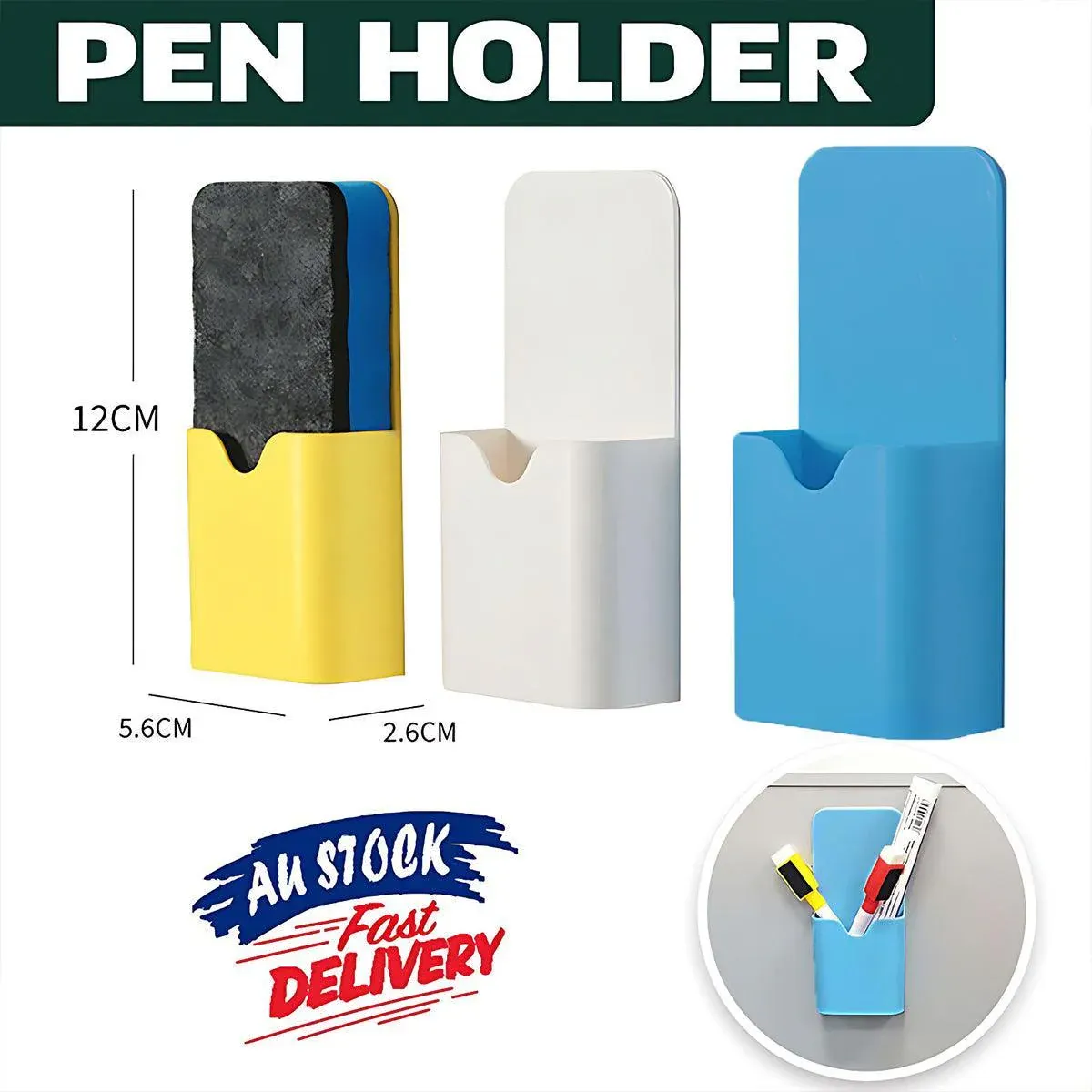 Plastic Pen Holder Box with Back Mount Clip for Whiteboard or Fridge Use - Yellow — image 2