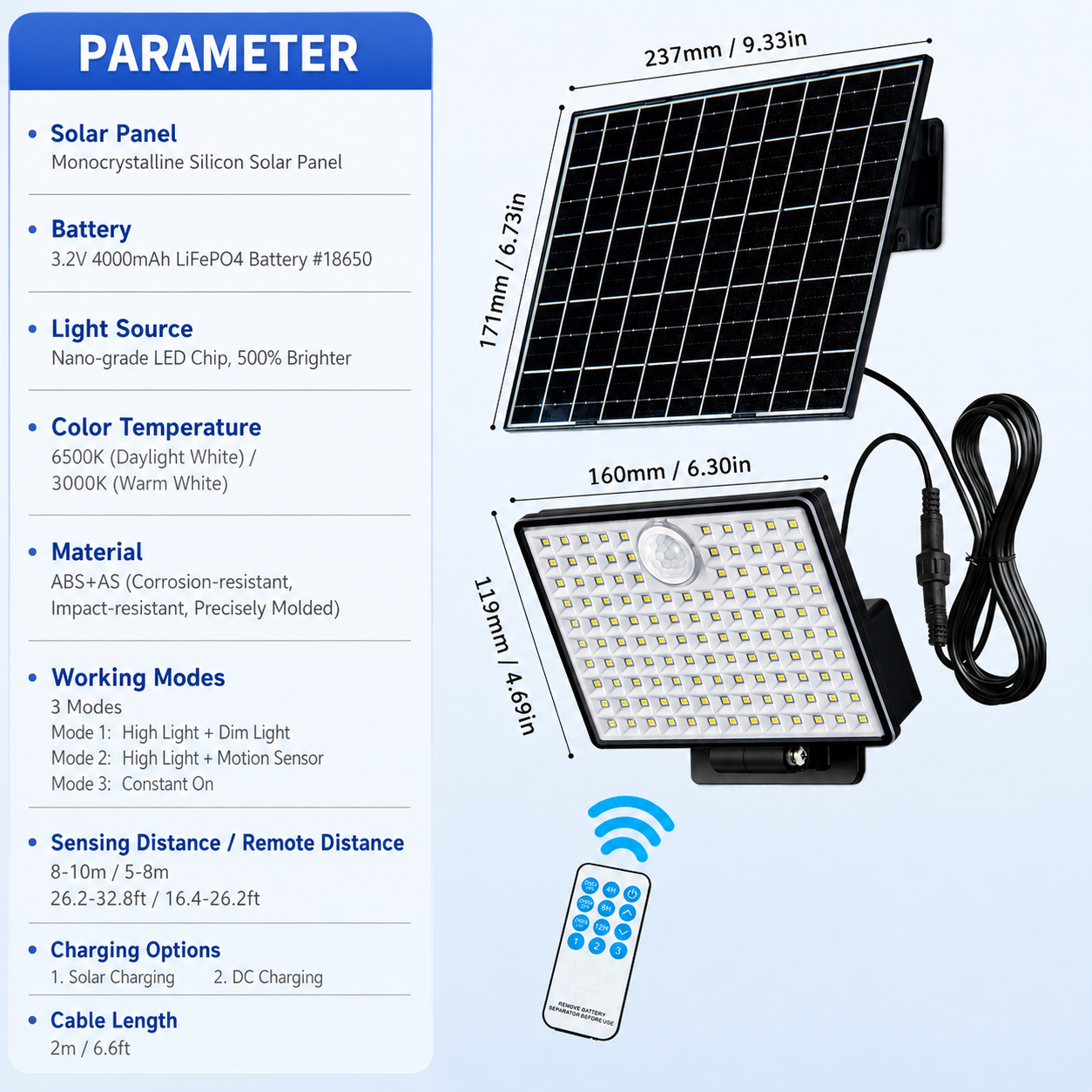 Split-Type Solar Powered Motion Sensor Floodlight with Detachable Panel, Dual Mounting Brackets, IP65 Waterproof, 6500K Cool White or 3000K Warm White Options — image 2