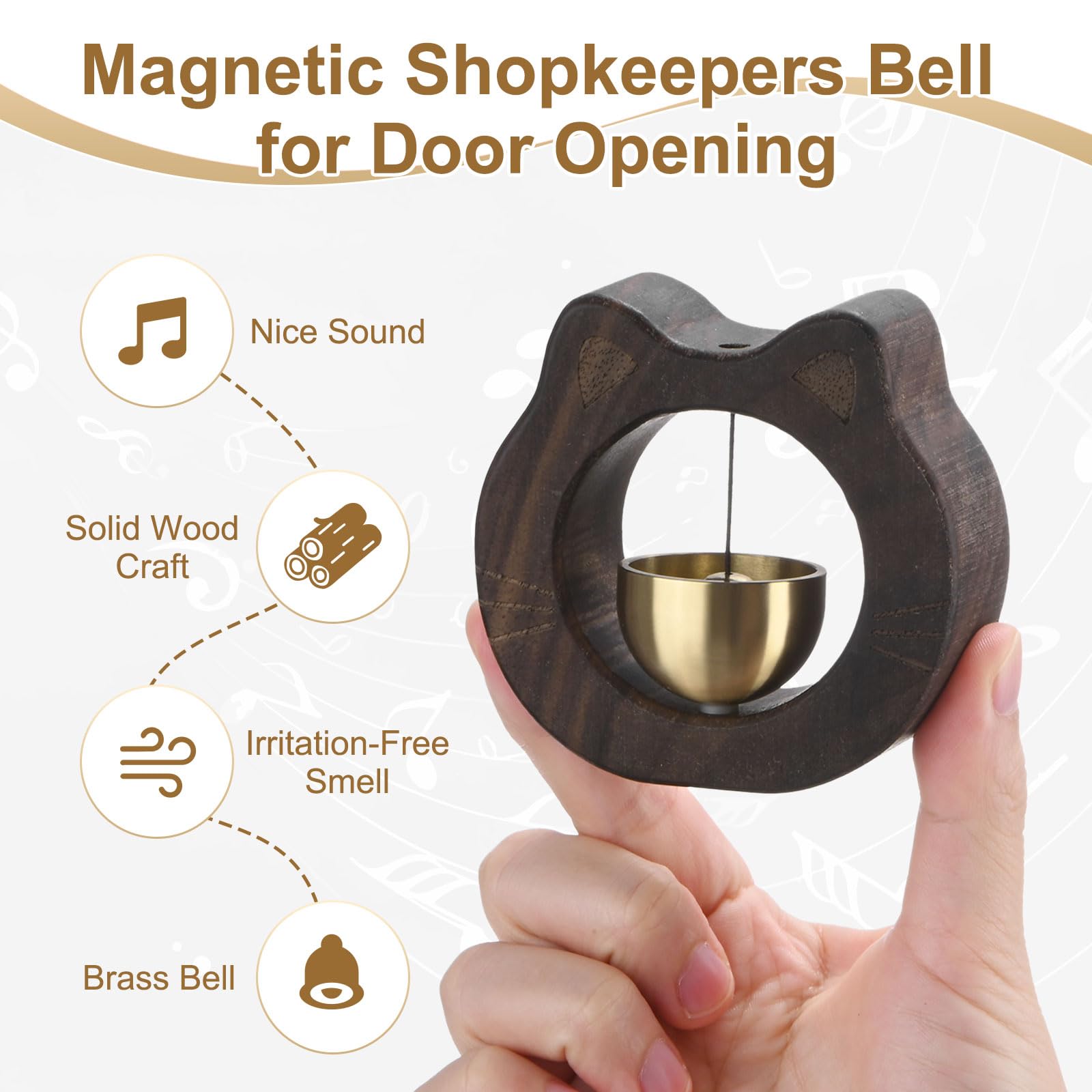 1 Piece Vintage Wooden Door Bell with Copper Chime and Magnetic Mount for Entryways and Bedrooms, Walnut Cat Face Design — image 2