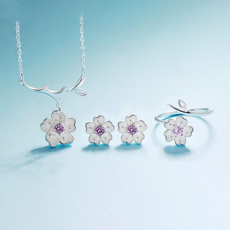925 Sterling Silver Jewelry Sets Romantic Cherry Blossoms Flower Necklace+Earrings+Ring+Bracelet For Women Gift — image 3