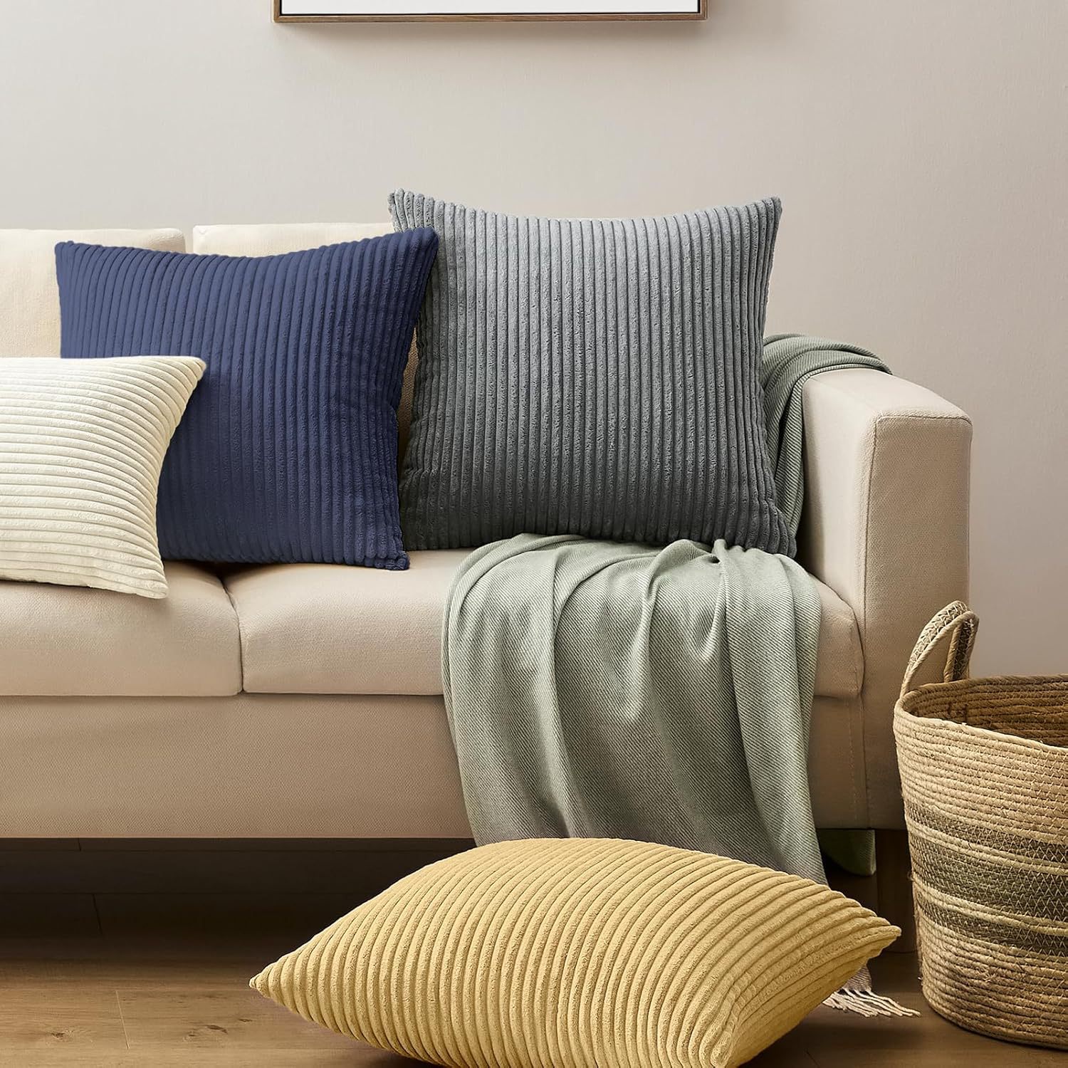 Brick Red Plush Striped Pillow Covers 45x45cm - Set of 4 Corduroy-Style Cushion Covers with Invisible Zipper, Soft and Washable for Sofa Decor โ image 4