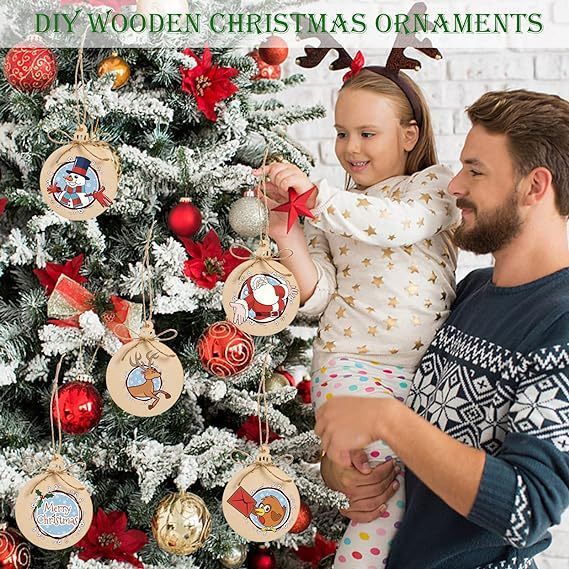 Pack of 50 Wooden Crafts to Paint Christmas Tree Hanging Ornaments Unfinished Wood Cutouts Christmas Decoration DIY Crafts — image 3
