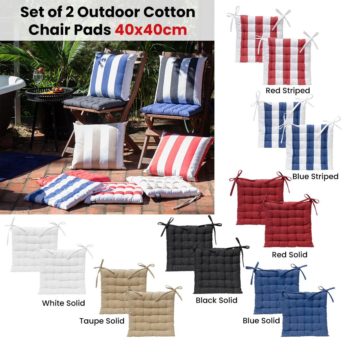 J Elliot Home Set of 2 Outdoor 100% Cotton Chair Pads 40 x 40 cm Solid Red โ image 2