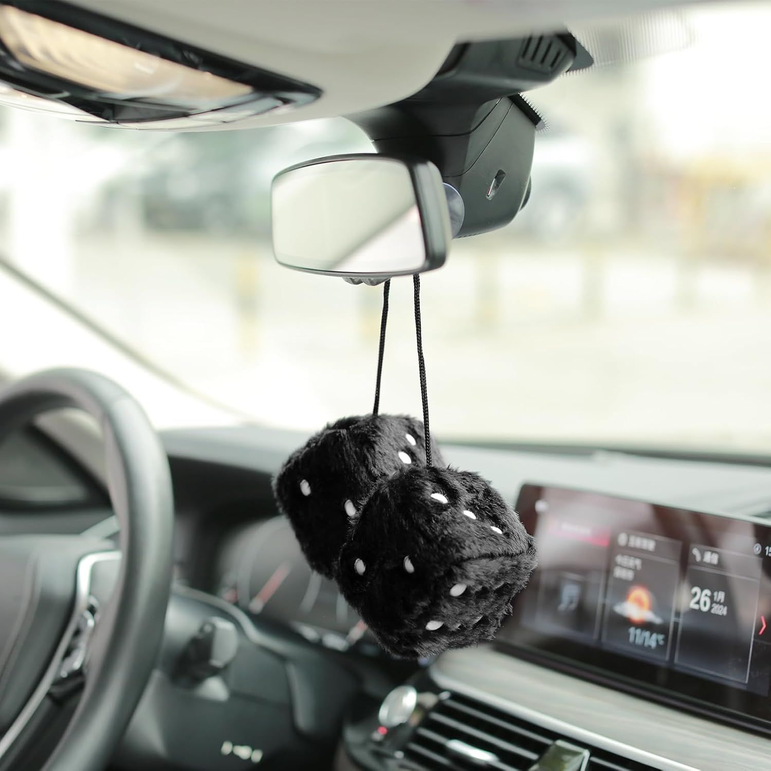Replacement Pair of 2.75" Fuzzy Dice with Leather Dots Retro Car Rearview Mirror Hanging Accessories for Car Decoration (Black)_qcx, Made of Fabric โ image 3