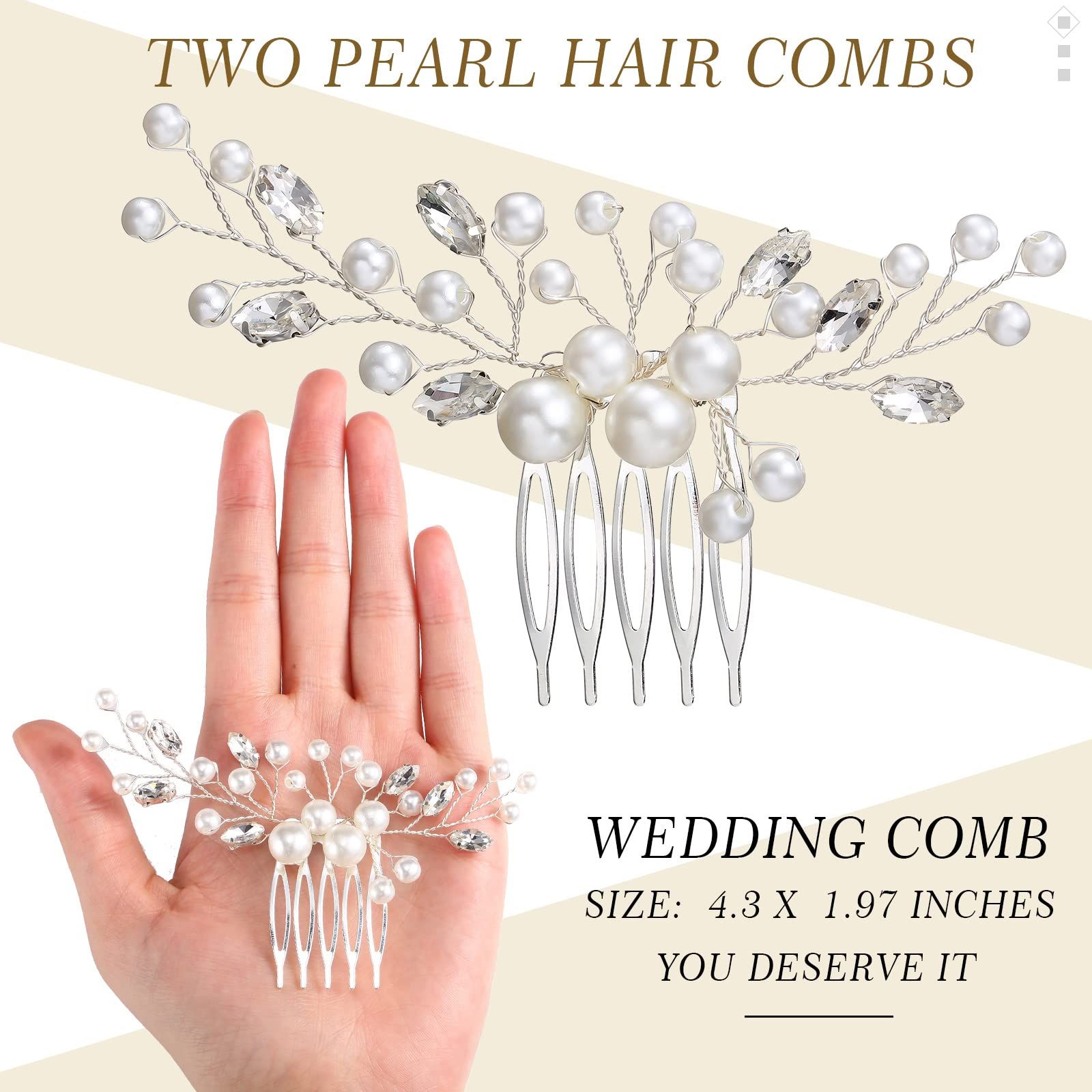 2 Pieces Wedding Pearl Hair Comb Bride Pearl Crystal Headpiece Flower Side Combs Hair Clip Bridal Hair Accessories, Silver — image 4