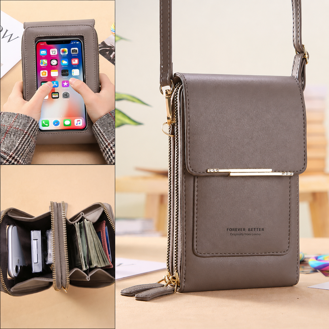 Gray Touch Screen Phone Wallet Crossbody Bag for Women Vertical PU Leather Purse with Card Holder Zipper Pocket Adjustable Strap for Travel Shopping โ image 3