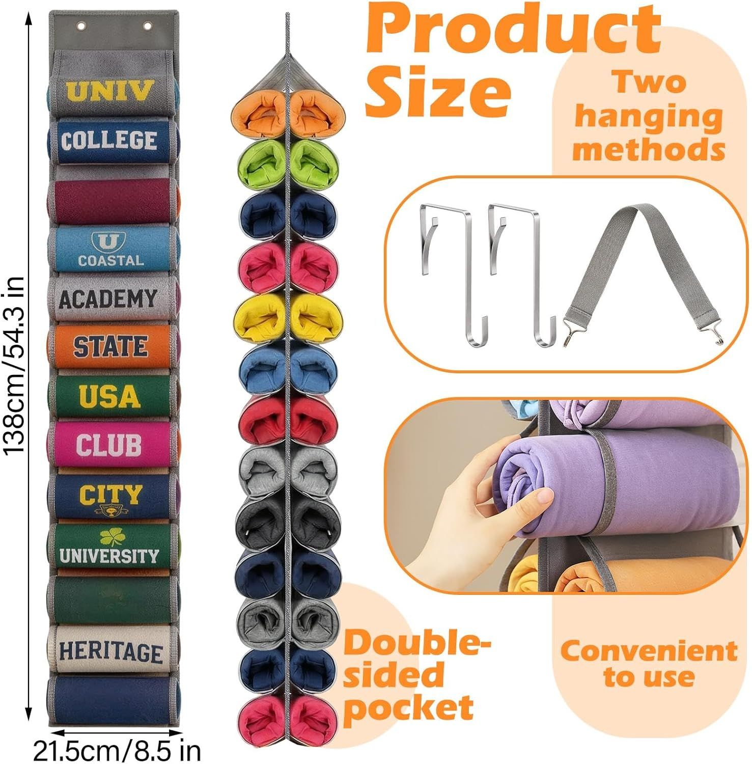 Double-Sided Over Door & Closet Organizer for Yoga Pants, Scarves & Accessories in Dorms and Bedrooms, 26-Pocket Vertical Storage Rack (Grey) β image 4