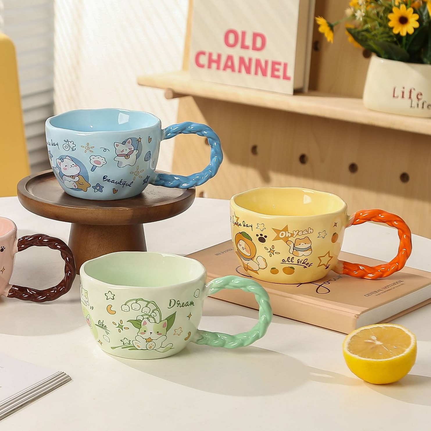 Whimsical Cat & Friends Ceramic Mug - 320ml with Unique Twisted Handle (pink) โ image 2