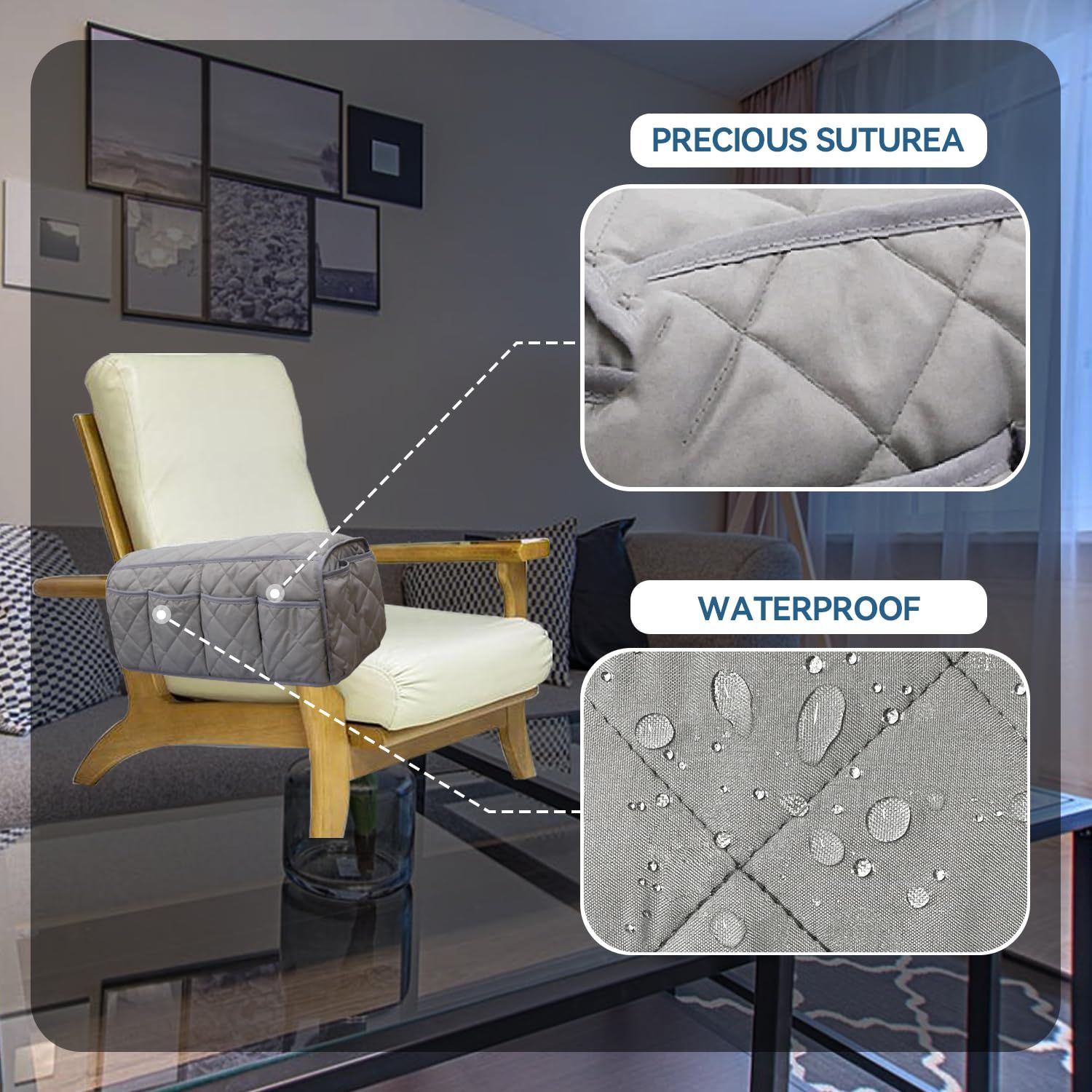 Waterproof Sofa Armrest Organizer, Non Slip Recliner Organizer, Remote Holder for Recline, Recliner with 14 Pockets Storage (Gray) — image 4