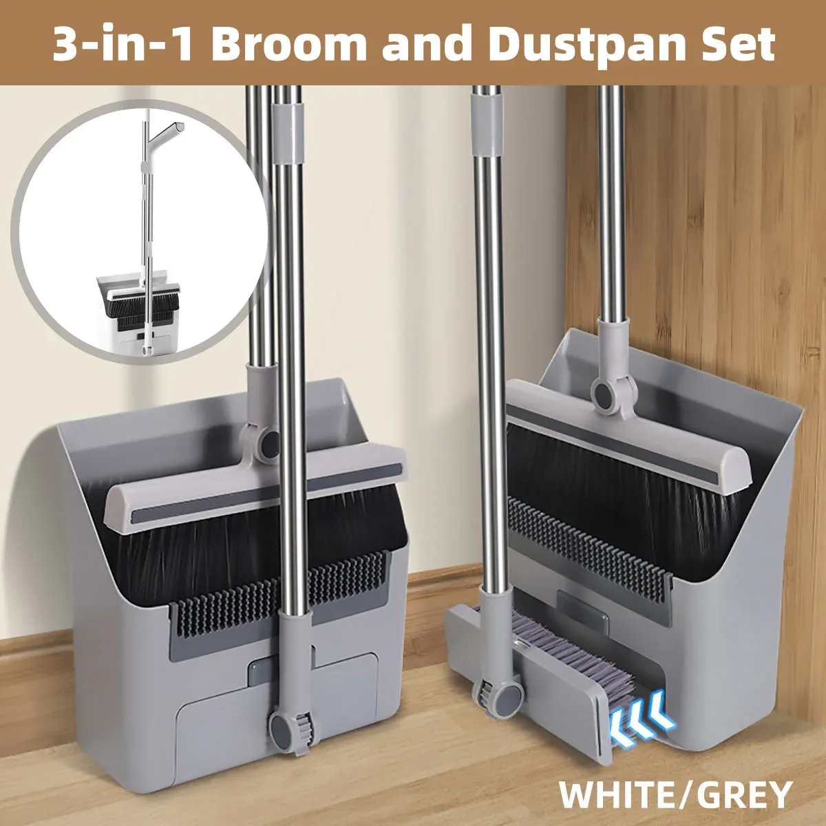 3 in1 Broom Set for Winnowing Brushing Handheld Cleaning Tool Home Kitchen Floor - White — image 2